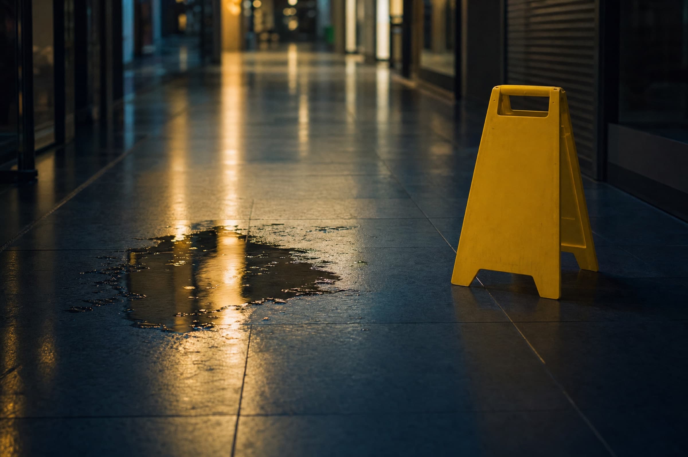 Caution sign beside a spill on a polished tile floor in an empty corridor