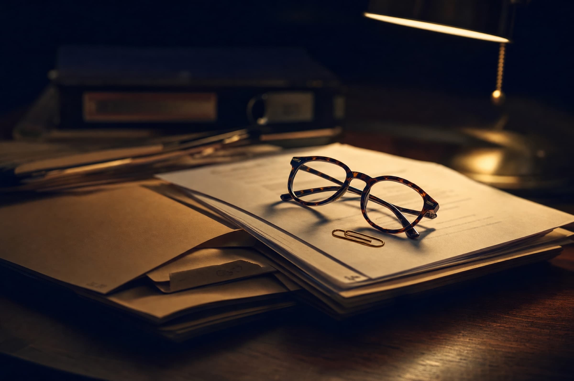 Case files and reading glasses on a desk under warm lamplight
