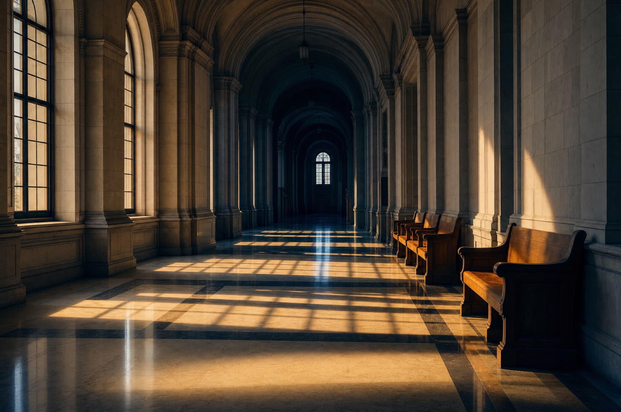 Quiet courthouse corridor with morning light across the floor