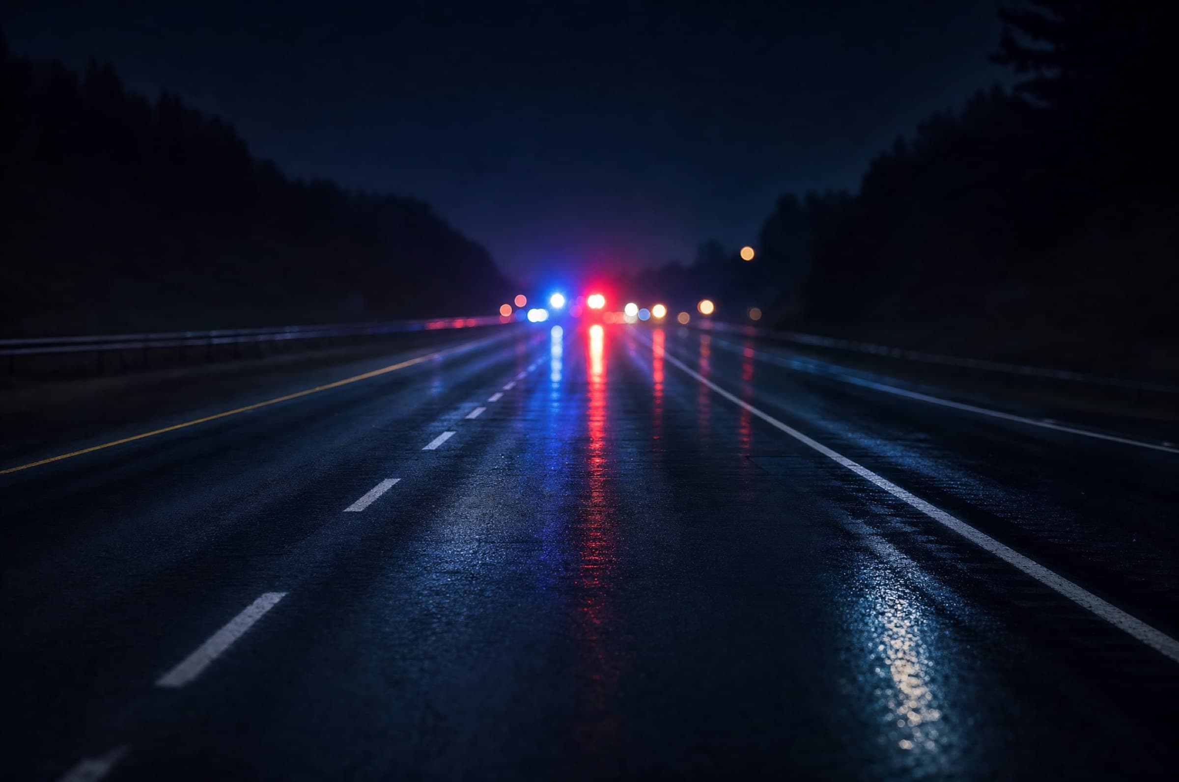 Wet highway at night reflecting distant red and blue emergency lights