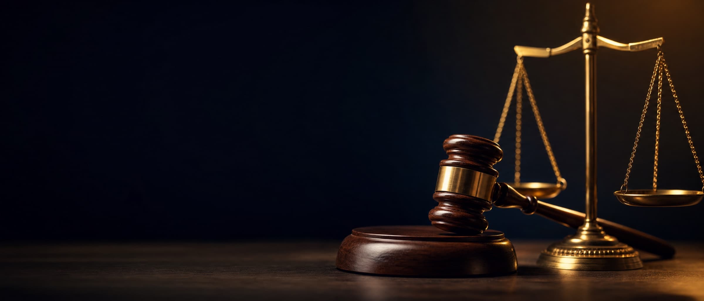 Wooden gavel and brass scales of justice on a dark desk