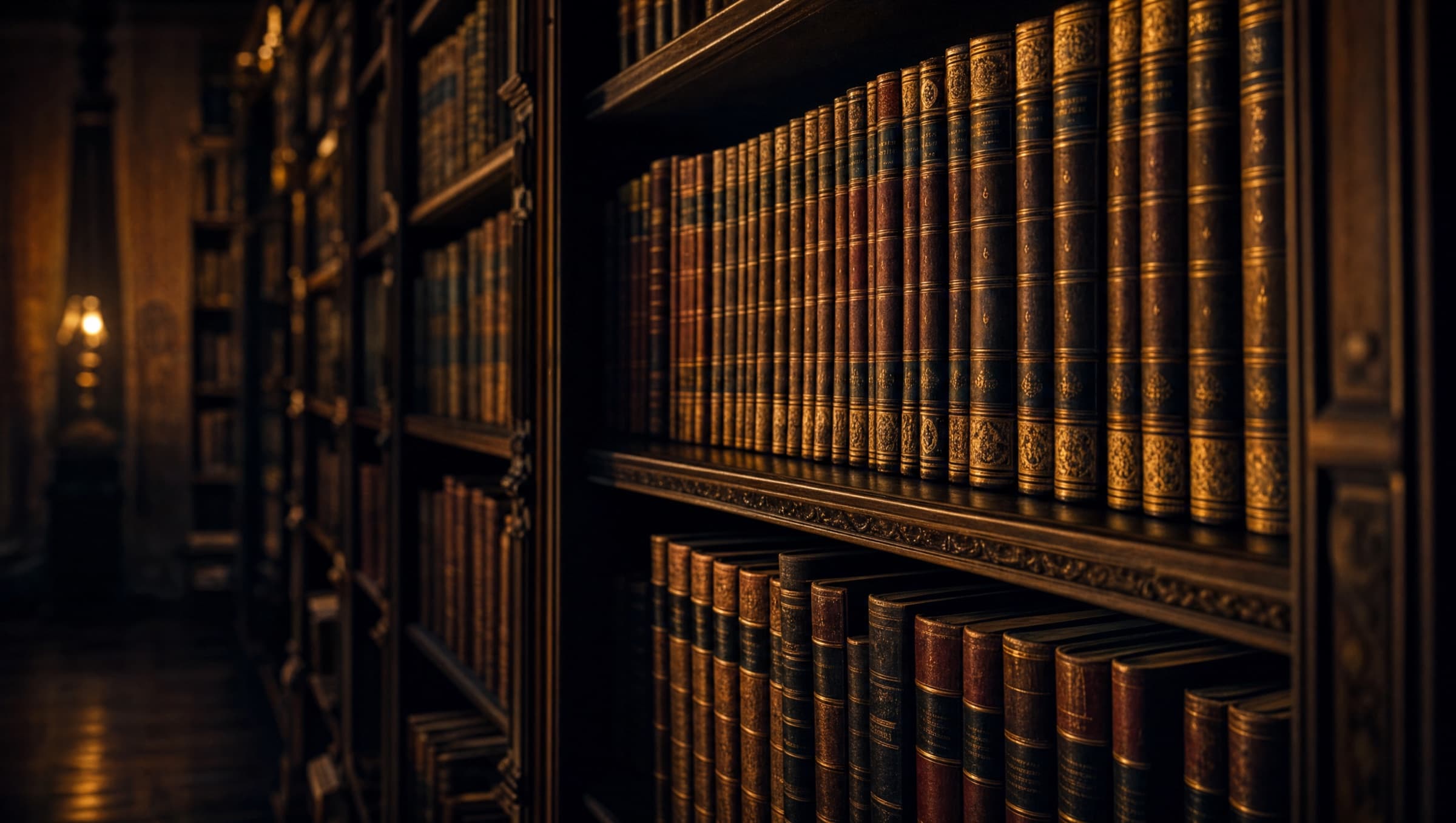 Shelves of leather-bound law books in a dimly lit library
