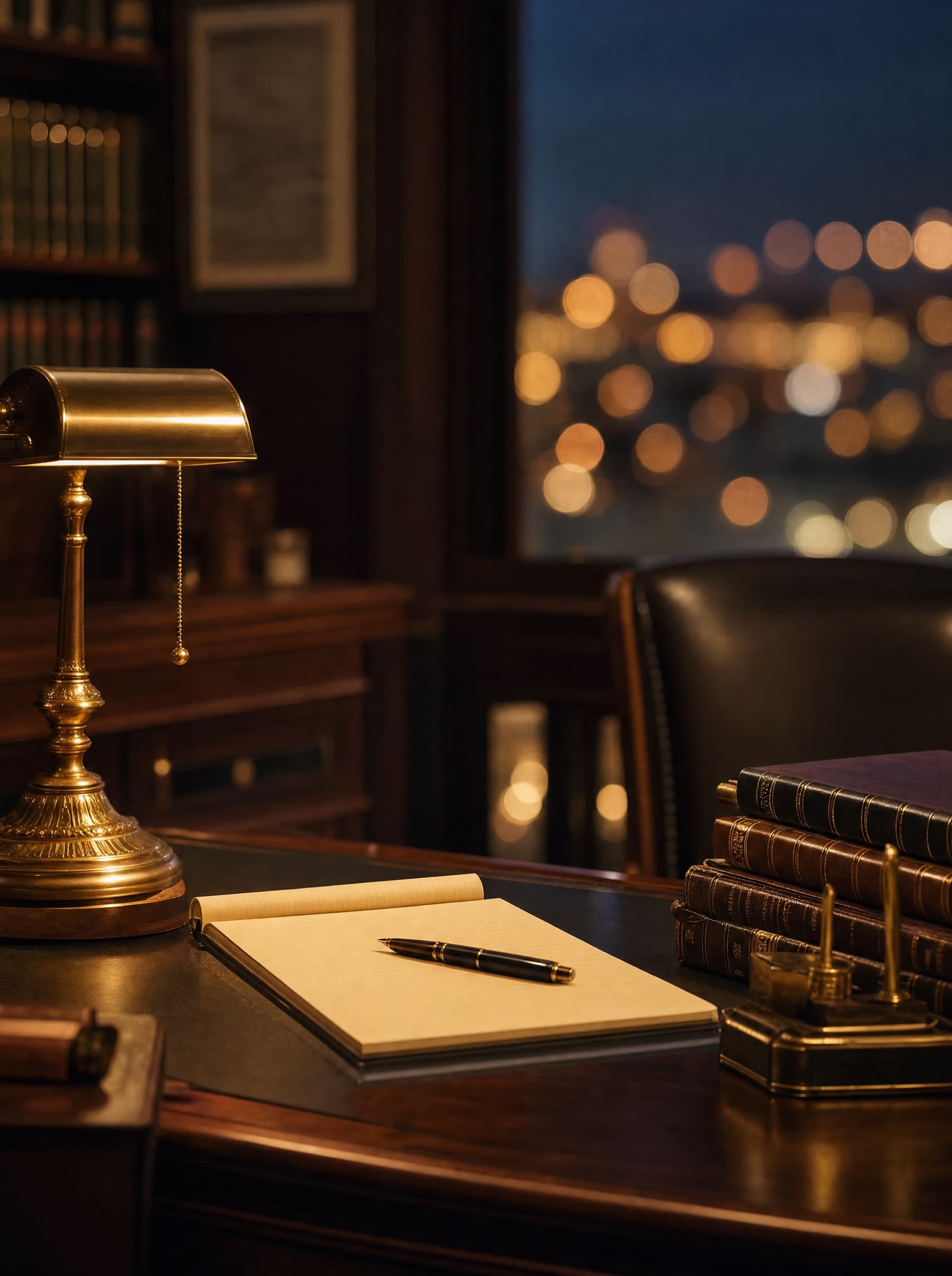 Law office desk with a brass lamp, law books, and a legal pad at dusk